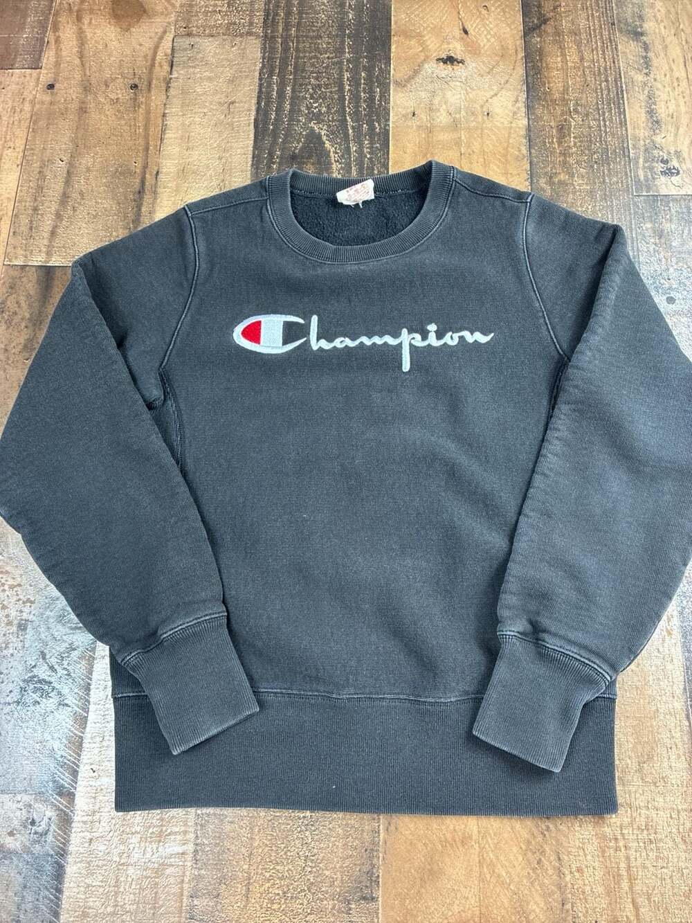 Champion Reverse Weave Faded Black Script Logo Crewneck Sweatshirt